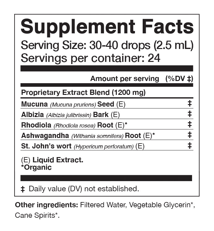 HAPPINESS Tonic Supplement Facts showing ingredients like Mucuna, Albizia, Rhodiola, Ashwagandha, and St. John's Wort.