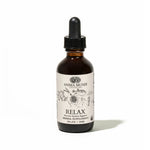 Bottle of Anima Mundi Relax herbal supplement with dropper on a white background