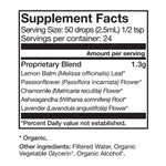 Ingredient list for RELAX Tonic highlighting Lemon Balm, Chamomile, Passionflower, Ashwagandha, and Lavender.