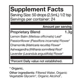 Ingredient list for RELAX Tonic highlighting Lemon Balm, Chamomile, Passionflower, Ashwagandha, and Lavender.