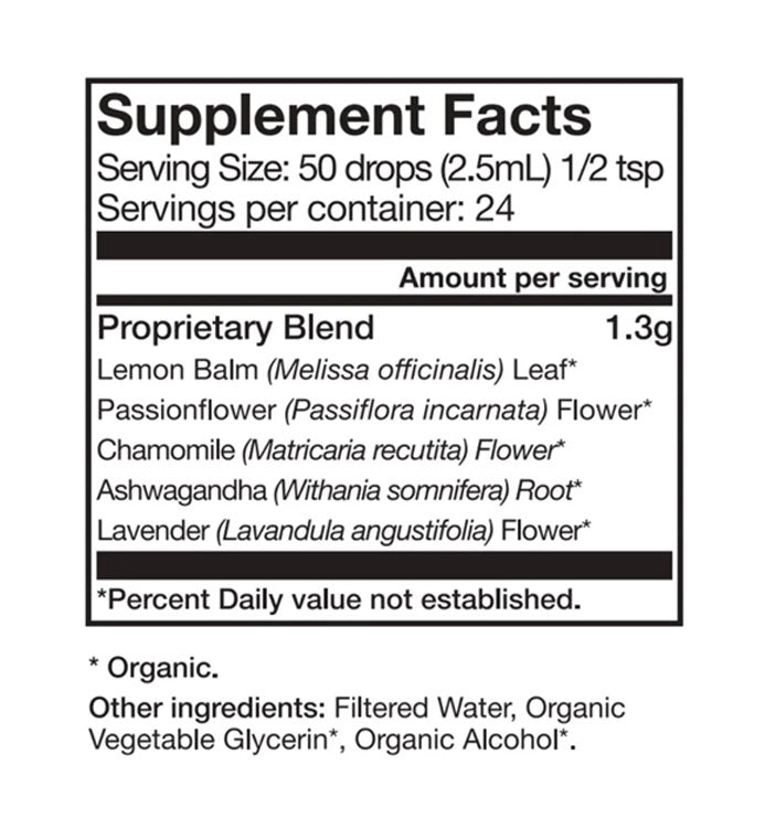Ingredient list for RELAX Tonic highlighting Lemon Balm, Chamomile, Passionflower, Ashwagandha, and Lavender.