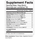 Supplement facts for VIRIDEM Elixir detailing ingredients and serving size for daily detox support