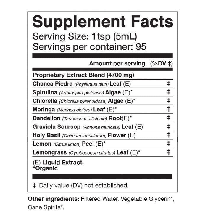 Supplement facts for VIRIDEM Elixir detailing ingredients and serving size for daily detox support