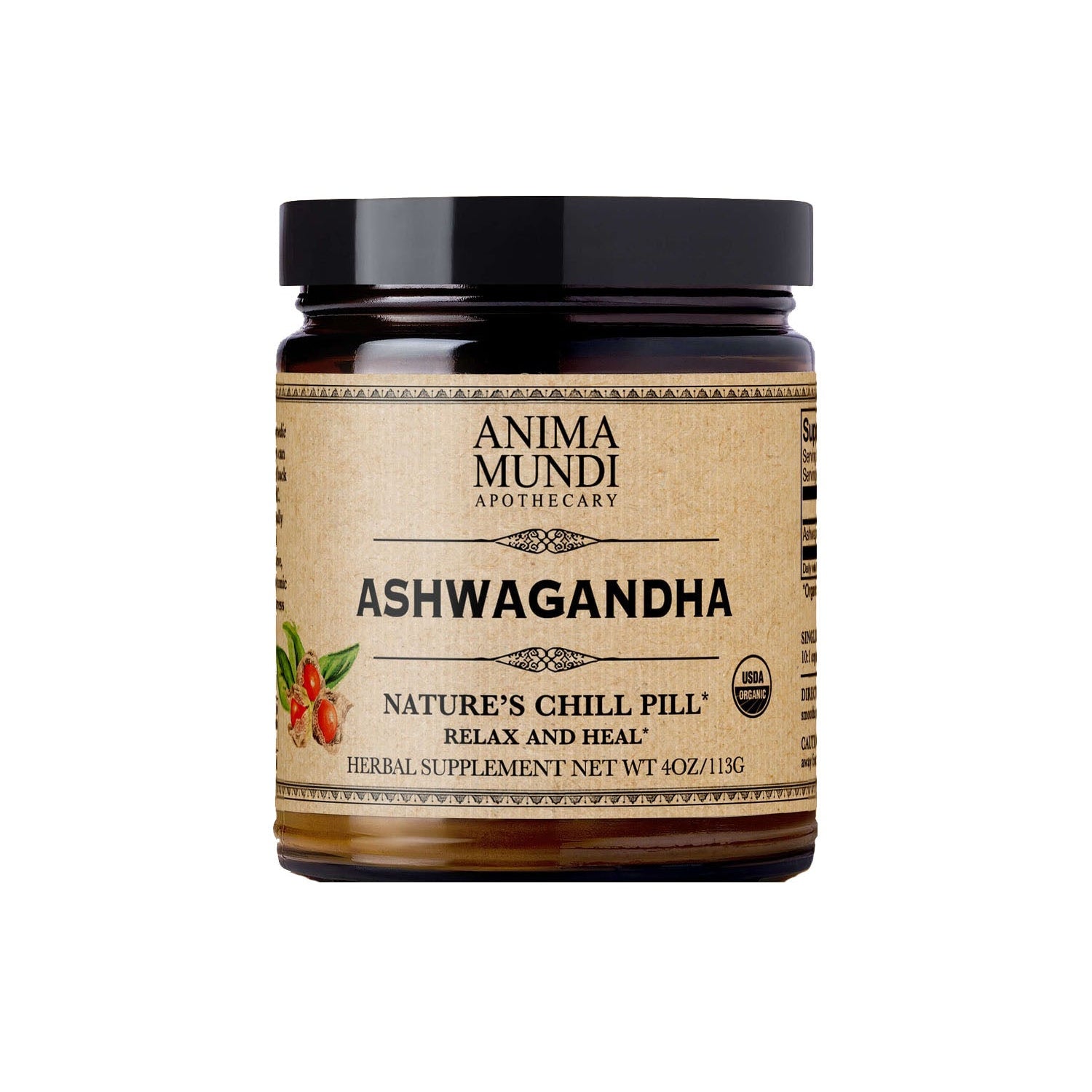 Jar of Anima Mundi Ashwagandha supplement on a white background