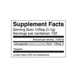 Supplement facts label for Ashwagandha with serving size and container information.