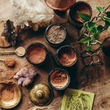 Assorted organic mushroom powders including CHAGA on a wooden table surrounded by crystals and plants.