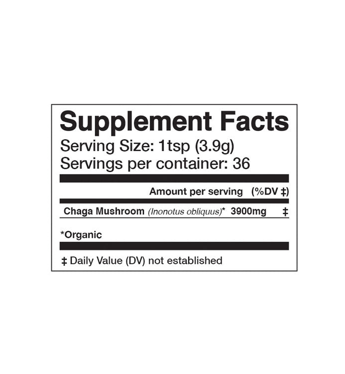 Supplement facts label for chaga mushroom on a white background