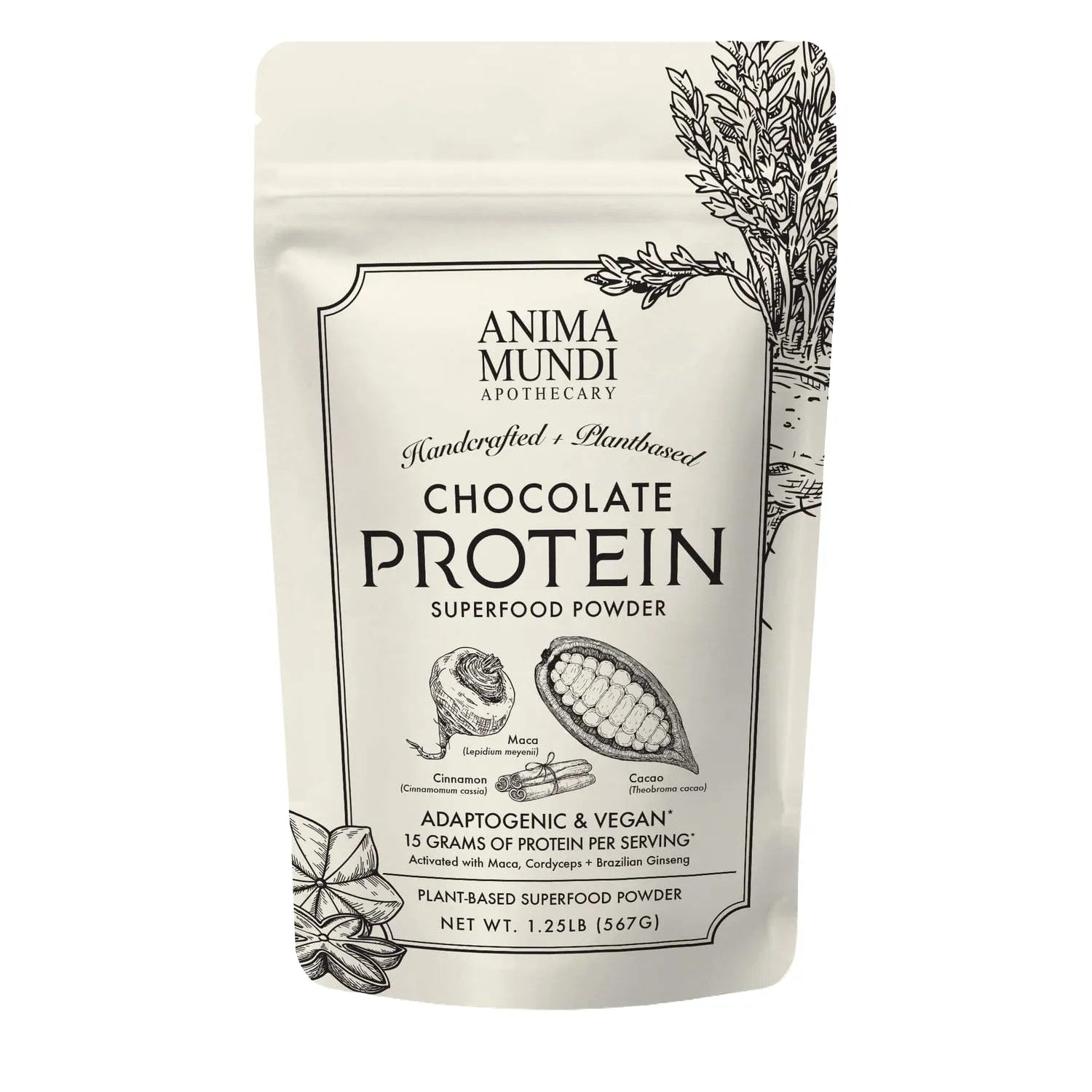 Chocolate Protein superfood powder by Anima Mundi, featuring 15 grams of plant-based protein per serving.