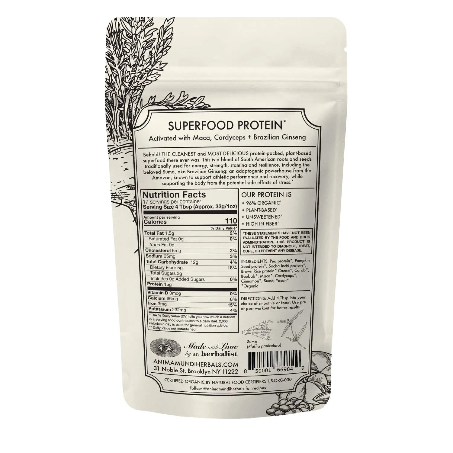 Back of Superfood Protein packaging with nutritional information highlighting Protein content.