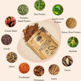 Chocolate Protein superfood powder featuring various plant-based proteins and ingredients for nutrition and vitality.