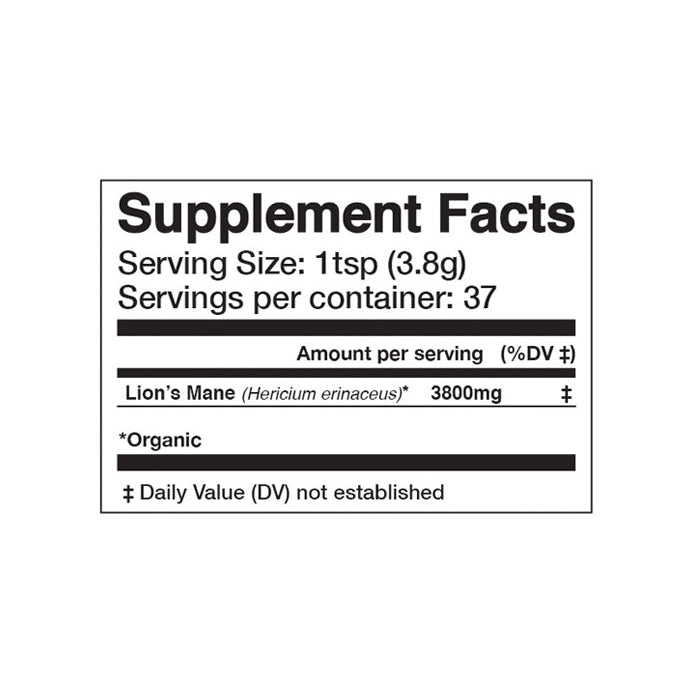 Supplement facts label for a product containing Lion's Mane with serving size and container information.
