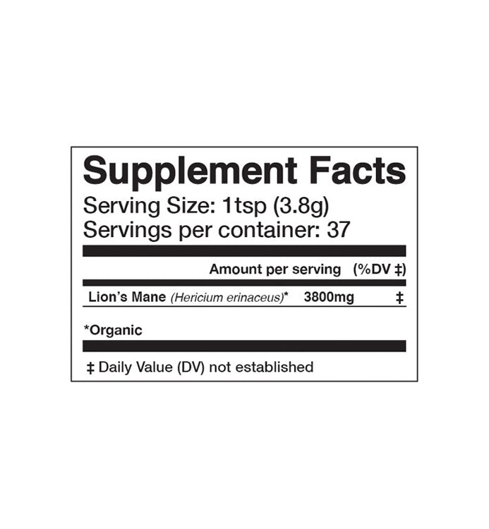 Supplement facts label for a product containing Lion's Mane with serving size and container information.