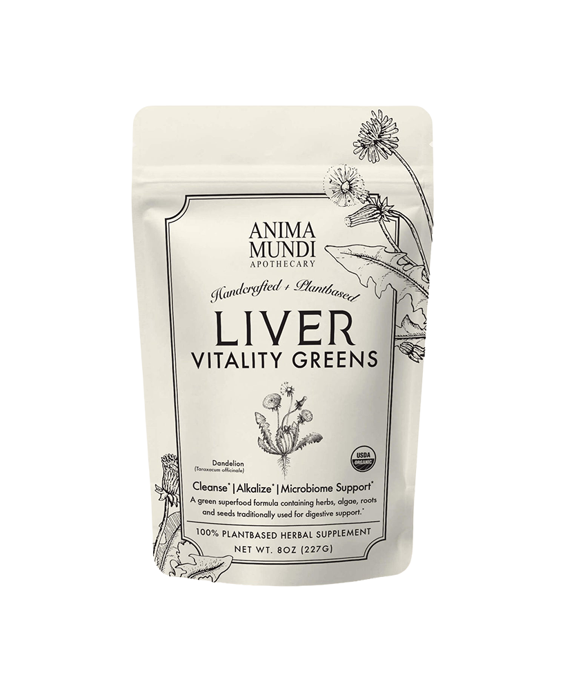 Liver Vitality Greens by Anima Mundi Apothecary, organic daily cleansing powder for liver health and digestive support.
