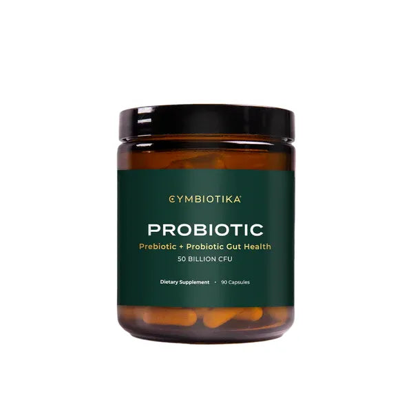 Probiotic by Cymbiotika in a jar with 90 capsules to support gut health and balance the microbiome.
