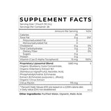 Supplement facts for Liposomal Elderberry, featuring serving size, calories, and key nutrients.