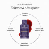 Liposomal Elderberry pouch highlighting enhanced absorption and nutrient protection benefits.