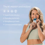 Woman enjoying Liposomal Glutathione, the #1 master antioxidant, promoting detoxification and youthful skin.