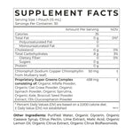 Supplement facts for Super Greens | 30 pouches, detailing ingredients and nutritional information.