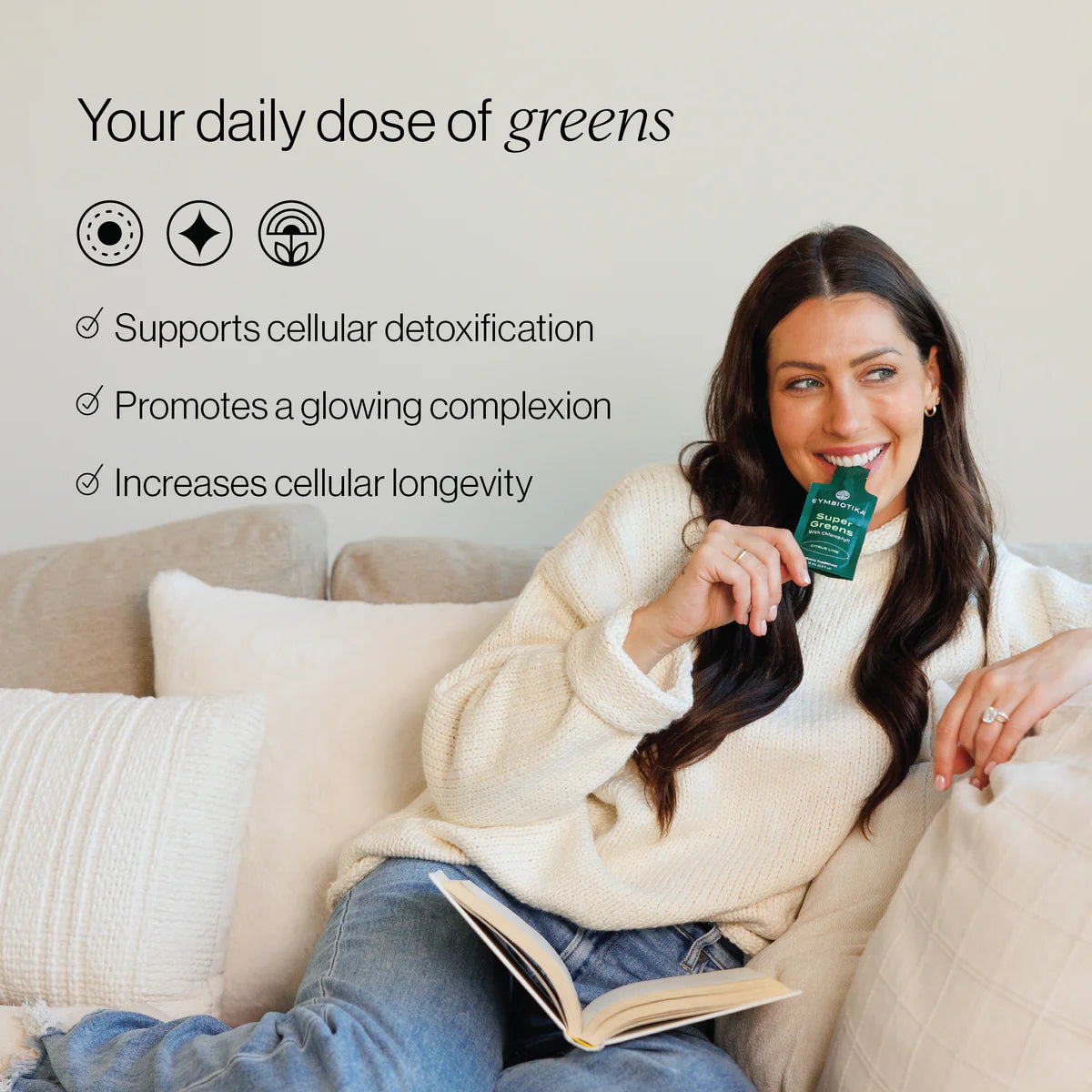 Super Greens | 30 pouches - a woman enjoying daily greens supplement, promoting detoxification, glowing skin, and cellular longevity.