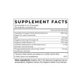 The Omega supplement facts panel detailing ingredients and nutritional information for vegan Omega-3 DHA & EPA.