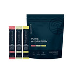 Pure Hydration sachets and package showcasing advanced electrolyte drink mix in refreshing flavors.