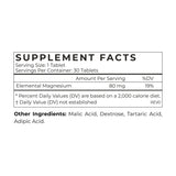 Supplement facts for Molecular Hydrogen, including ingredients and nutritional information for 30 tablets.