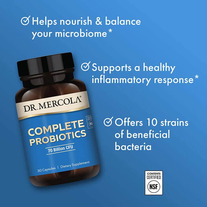 Dr. Mercola Complete Probiotics 70 B CFU bottle, supports digestive health and offers 10 strains of probiotics.