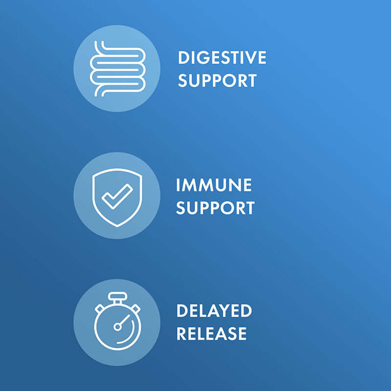 Graphic highlighting benefits of Complete Probiotics: Digestive Support, Immune Support, Delayed Release.