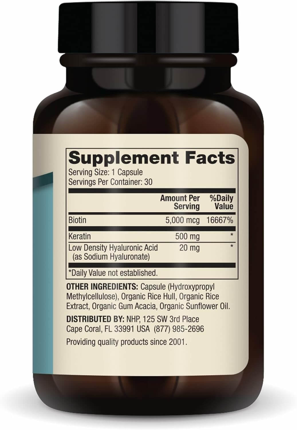 Supplement facts for Hair Skin and Nails capsules, featuring biotin, keratin, and hyaluronic acid for beauty support.