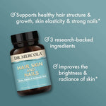 Dr. Mercola Hair Skin and Nails supplements with benefits for hair, skin elasticity, and nail strength in a capsule bottle.