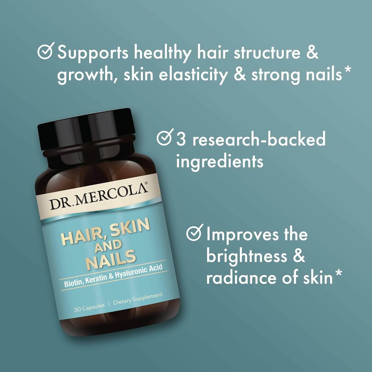 Dr. Mercola Hair Skin and Nails supplements with benefits for hair, skin elasticity, and nail strength in a capsule bottle.