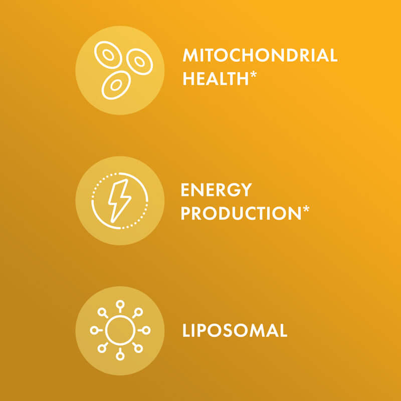 Mitochondrial health, energy production, and liposomal delivery highlighted for Liposomal CoQ10.