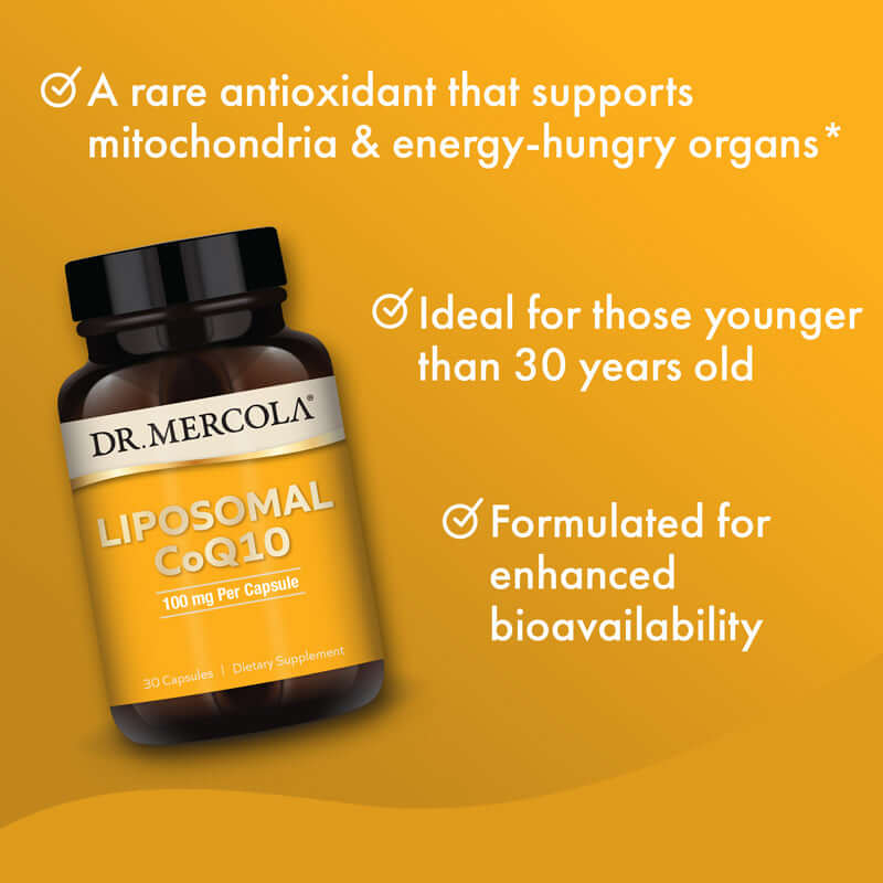 Dr. Mercola Liposomal CoQ10 30 capsules bottle with benefits listed on packaging