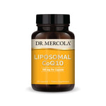 Dr. Mercola Liposomal CoQ10 dietary supplement bottle with 30 capsules for cellular energy support.