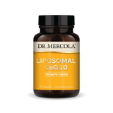 Dr. Mercola Liposomal CoQ10 dietary supplement bottle with 30 capsules for cellular energy support.