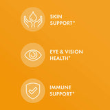 Graphic showing benefits of Vitamin E: skin support, eye and vision health, and immune support.