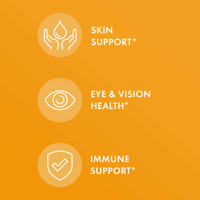 Graphic showing benefits of Vitamin E: skin support, eye and vision health, and immune support.