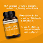Dr. Mercola Vitamin E supplement bottle featuring 30 capsules, highlighting full-spectrum vitamin E compounds for health.