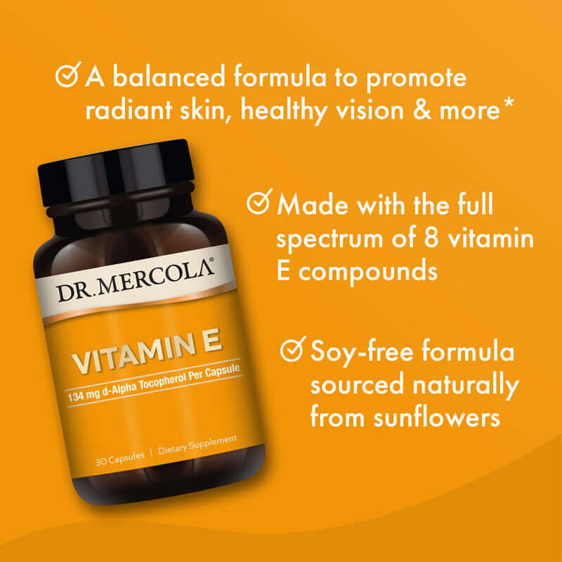 Dr. Mercola Vitamin E supplement bottle featuring 30 capsules, highlighting full-spectrum vitamin E compounds for health.