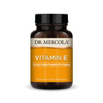 Dr. Mercola Vitamin E supplement bottle with 30 capsules, 134 mg d-Alpha Tocopherol per capsule.