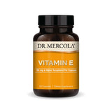 Dr. Mercola Vitamin E supplement bottle with 30 capsules, 134 mg d-Alpha Tocopherol per capsule.
