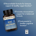 Zinc plus Selenium bottle highlighting immune support, healthy organ function, and cognitive benefits.