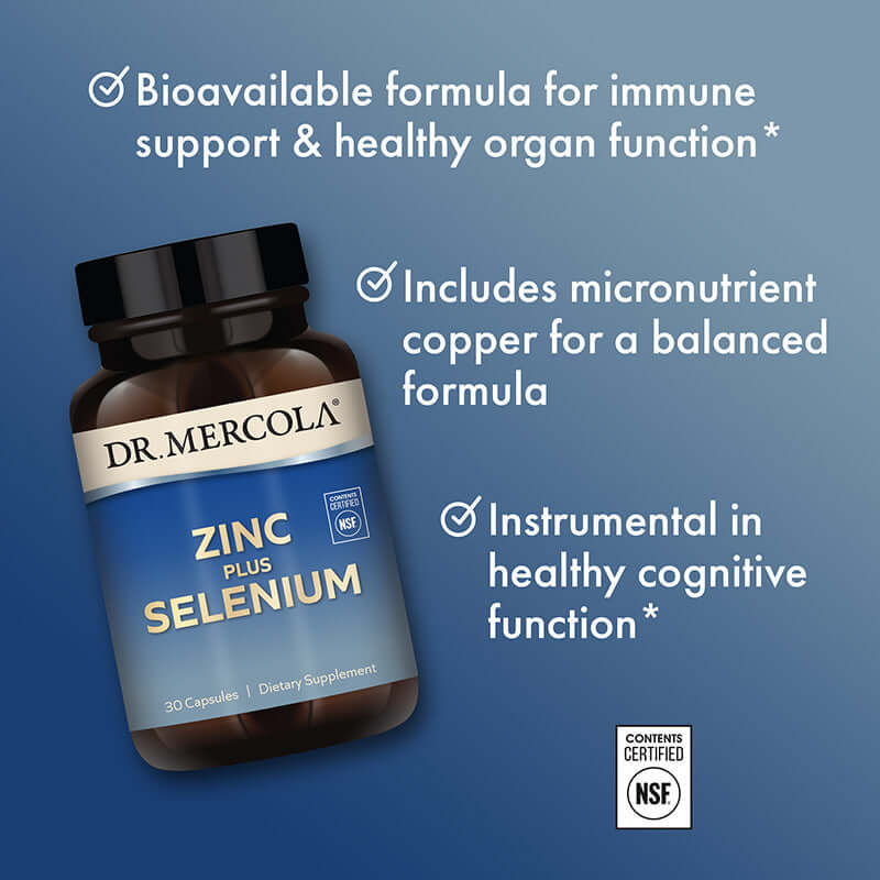 Zinc plus Selenium bottle highlighting immune support, healthy organ function, and cognitive benefits.