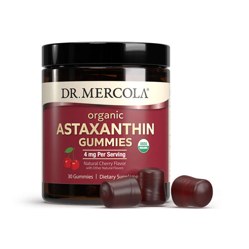 Dr. Mercola Organic Astaxanthin Gummies, cherry flavor, 4 mg per serving, 30 gummies, dietary supplement.