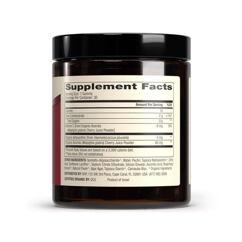 Supplement facts for Organic Astaxanthin Gummies, featuring 4 mg of Astaxanthin and ingredients including cherry juice powder.