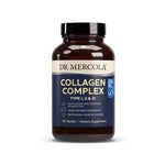 Dr. Mercola Collagen Complex tablets in a dark bottle, containing 90 tablets to support skin and joints.