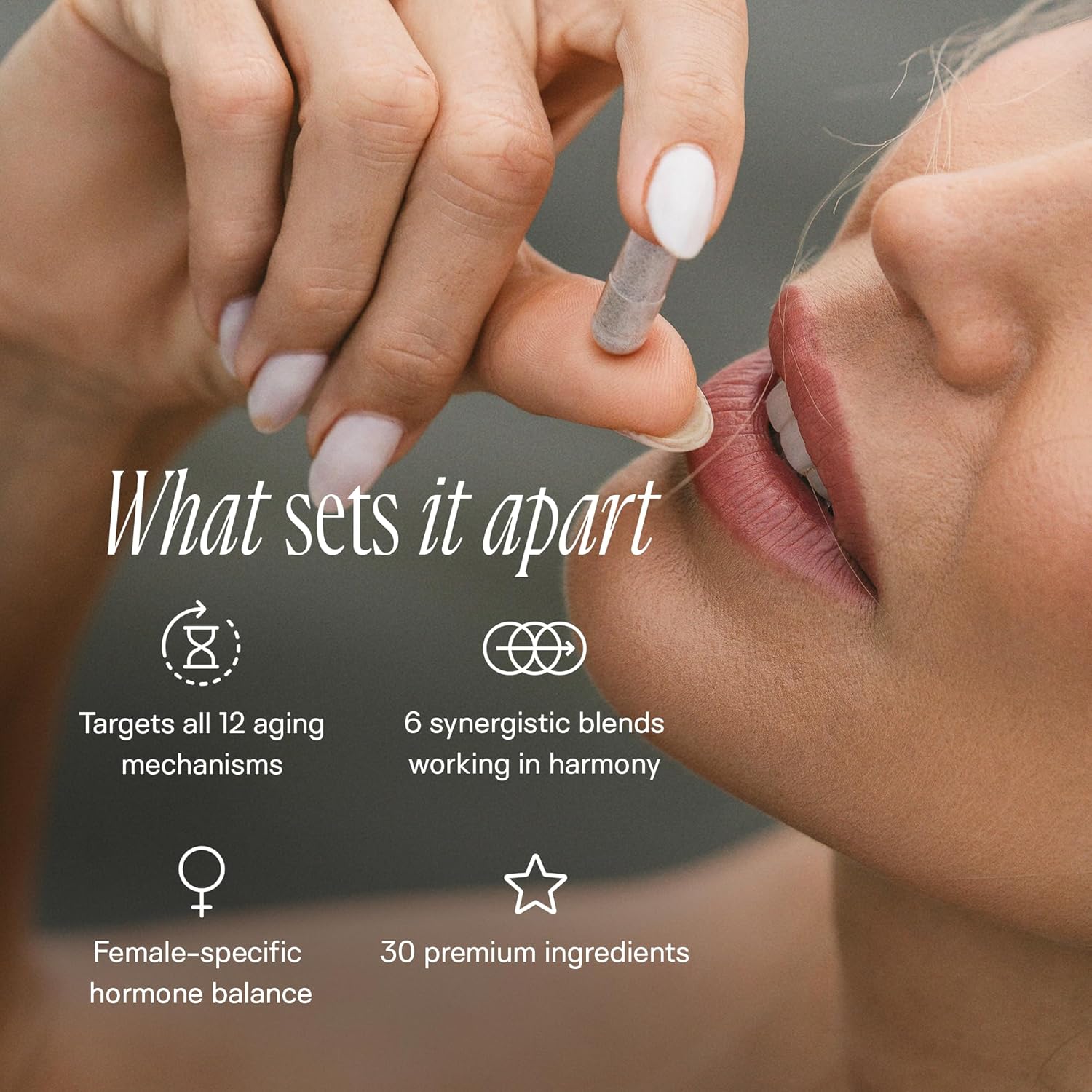 Woman taking NAD+ Women’s Longevity Formula highlighting key benefits and premium ingredients.