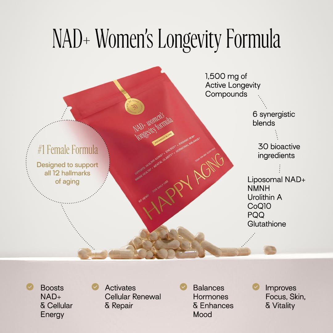 Red package of NAD+ Women's Longevity Formula with text highlighting features on a light gray background