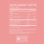 Glow Shots Marine Collagen supplement facts showing ingredients and nutrition information for 10 shots.