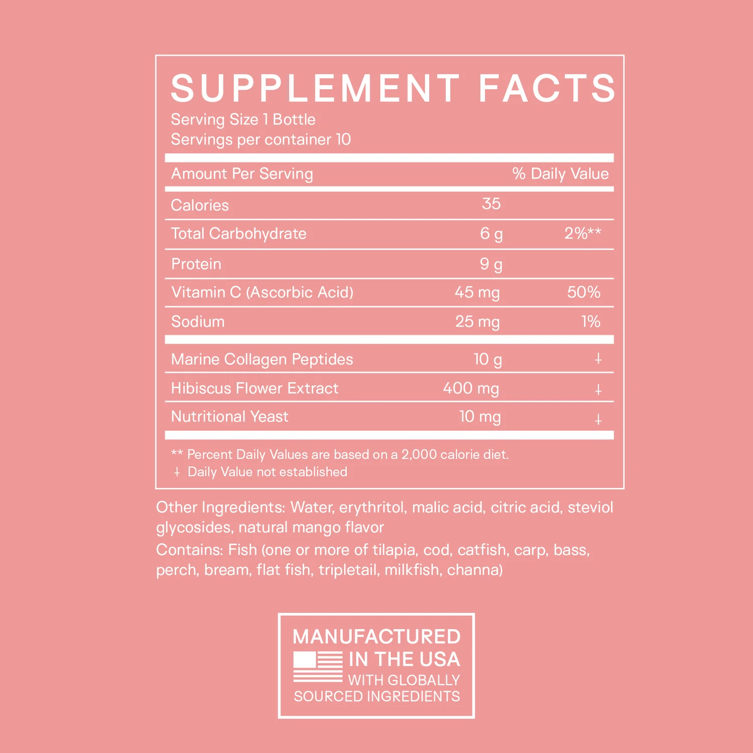 Glow Shots Marine Collagen supplement facts showing ingredients and nutrition information for 10 shots.